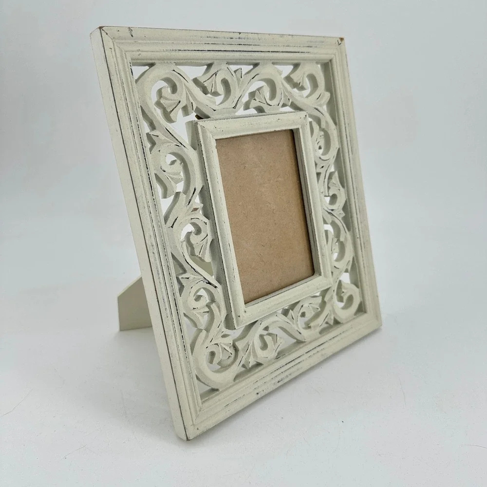 Ornate Distressed Cream Wood Scrollwork Tabletop Picture Frame Shabby Chic